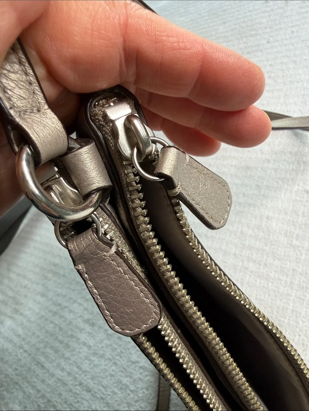 Coach Lyla bronze metallic crossbody pebbled leather bag double zippers